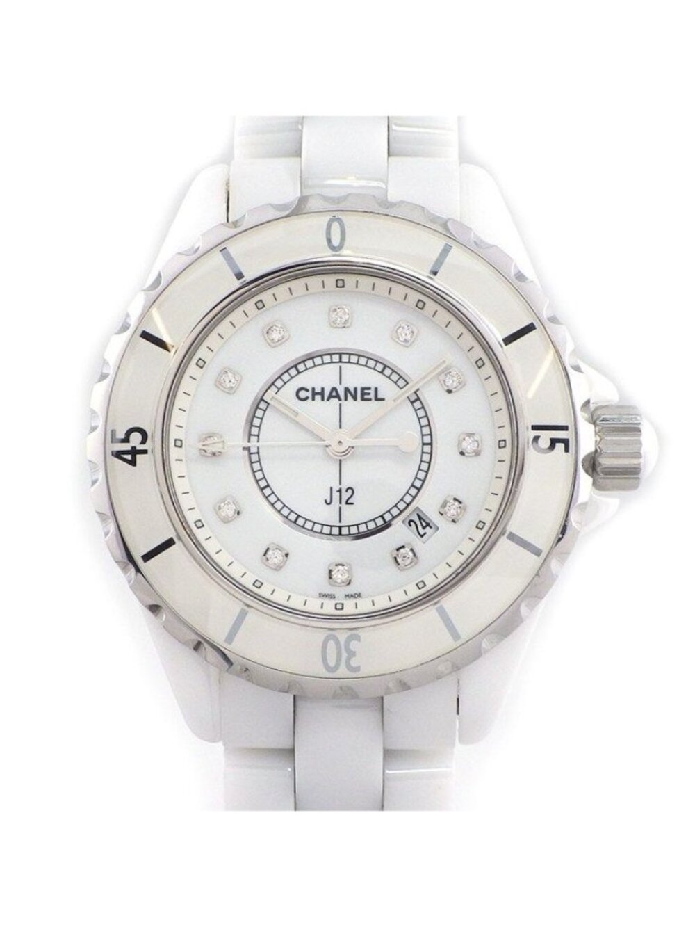 Chanel Watch 12 Point Diamond Index Date Rotating Bezel White Dial Ceramic SS